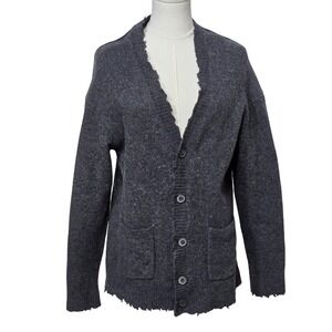 AllSaints Sweater Womens Small Gray 100% Wool Distressed Cardigan Button Pockets